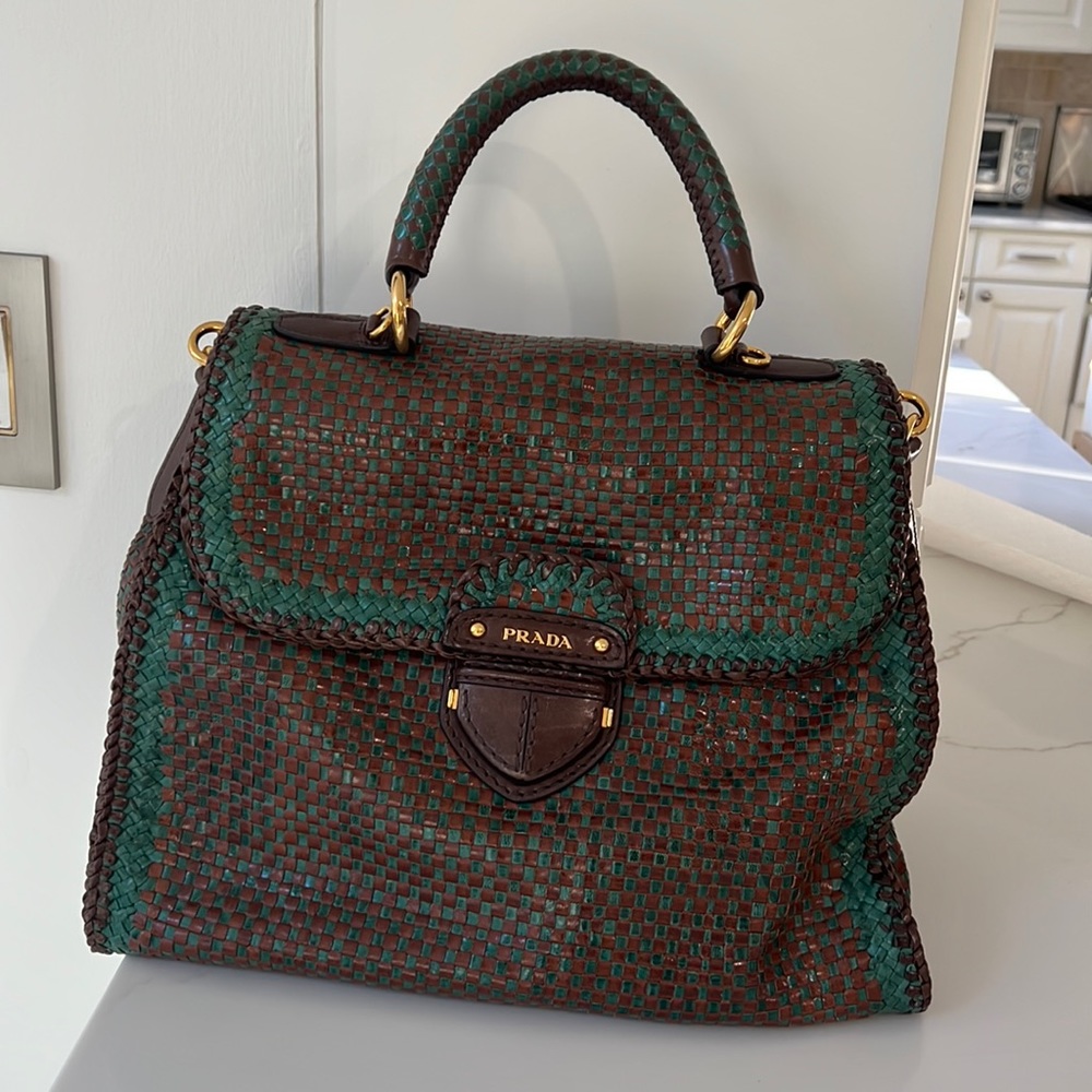 PRADA. Madras Bag.  Woven Leather  Turq + Palis.